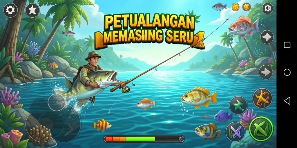 Screenshot gameplay <strong>5ZK</strong> menampilkan pemain menangkap ikan di perairan biru yang indah.
