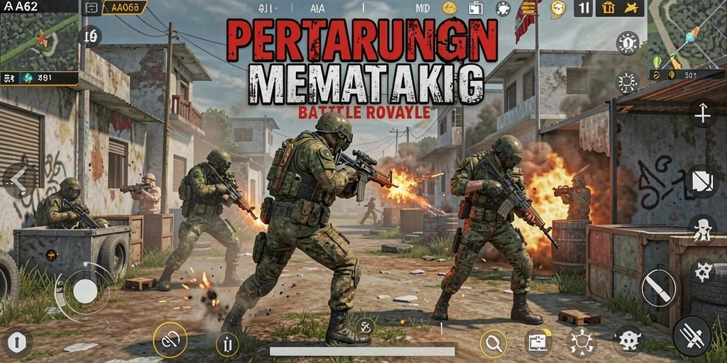 Screenshot gameplay seru dari AA62 menampilkan aksi mendebarkan Battle Royale.