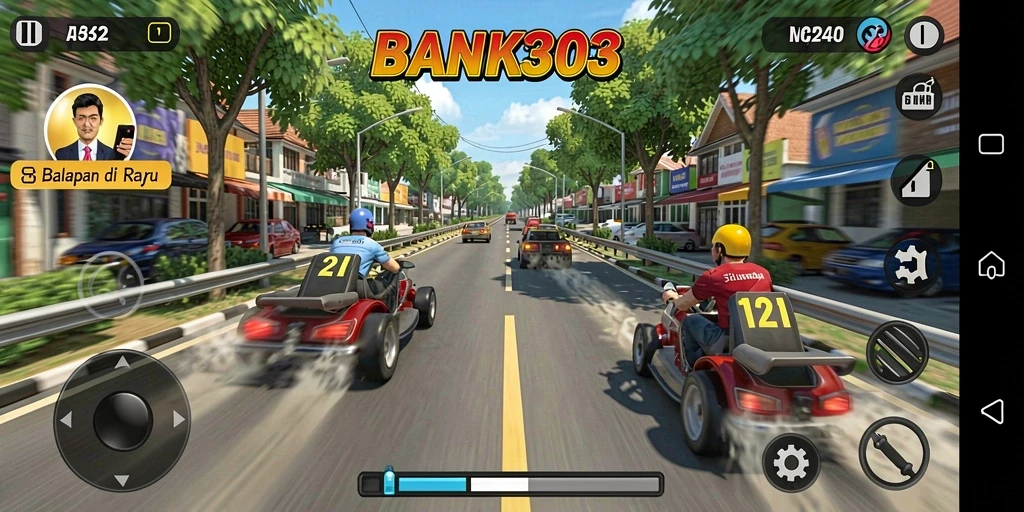 Screenshot gameplay BANK303 menunjukkan aksi balapan mendebarkan di lintasan.