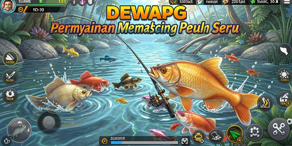 Screenshot utama DEWAPG menampilkan aksi memancing yang seru.