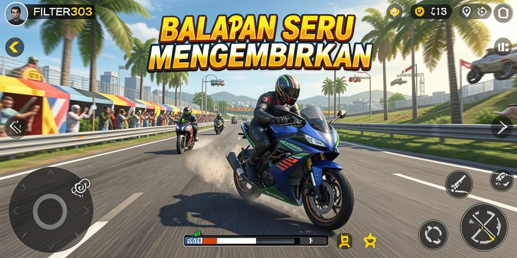 Screenshot menunjukkan aksi balapan motor yang seru dan cepat.
