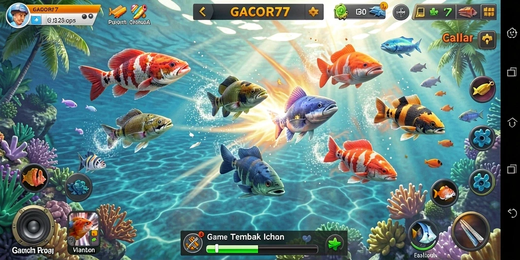 Tampilan gameplay GACOR77 dengan aksi menembak ikan.