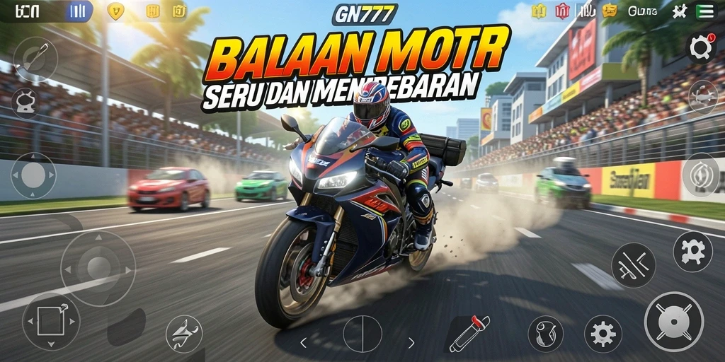 Tampilan gameplay GN777 saat balapan motor di lintasan yang menarik.