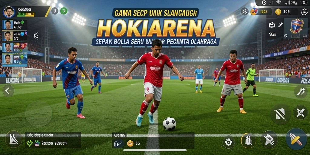 Tampilan gameplay seru HOKIARENA dengan aksi sepak bola intens.