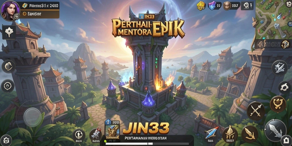 Tampilan gameplay seru di JIN33 dengan menara dan strategi pertahanan.