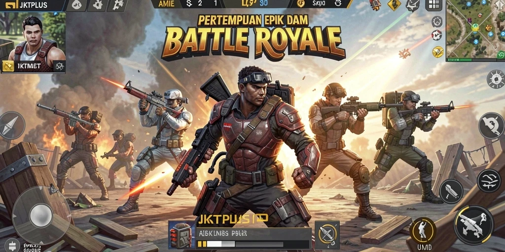 Screenshot JKTPLUS menampilkan aksi pertempuran intens di arena Battle Royale.