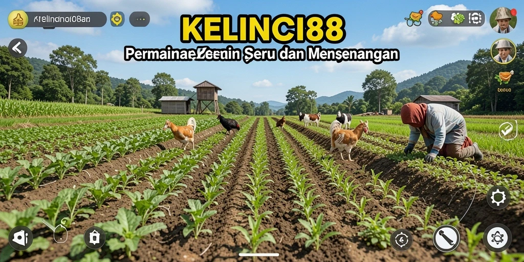 Tampilan gameplay KELINCI88 dengan lahan pertanian penuh warna dan animasi hewan.
