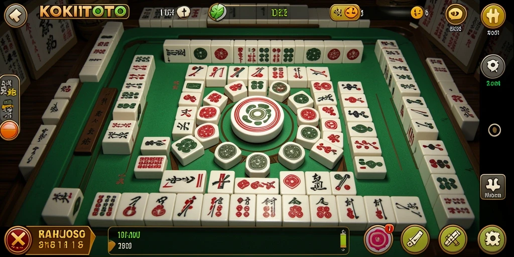 Screenshot gameplay KOKITOTO menampilkan desain ubin Mahjong yang berwarna-warni.