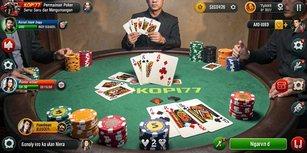 Screenshot KOPI77 menampilkan gameplay poker yang seru dan interaktif.