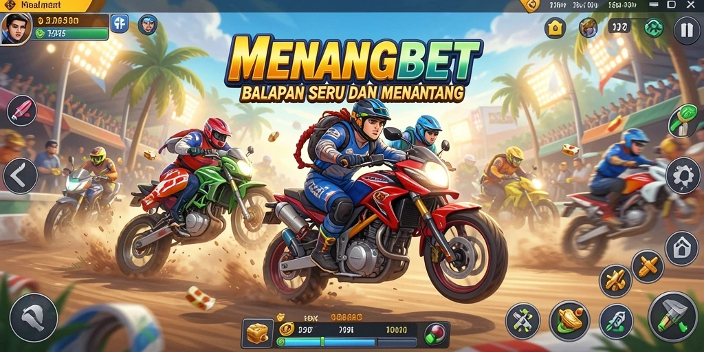 Screenshot game MENANGBET yang menampilkan balapan intens di lintasan.