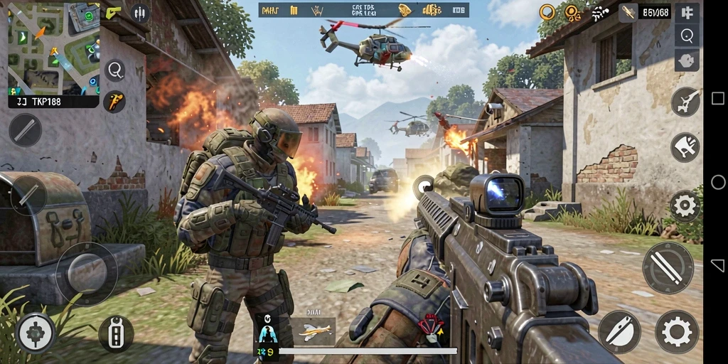 Screenshot gameplay TKP188 menampilkan aksi tembak-menembak yang intens.