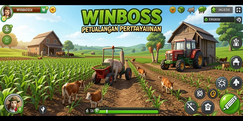 Tampilan gameplay <strong>WINBOSS</strong> menampilkan pertanian yang indah dan interaktif.